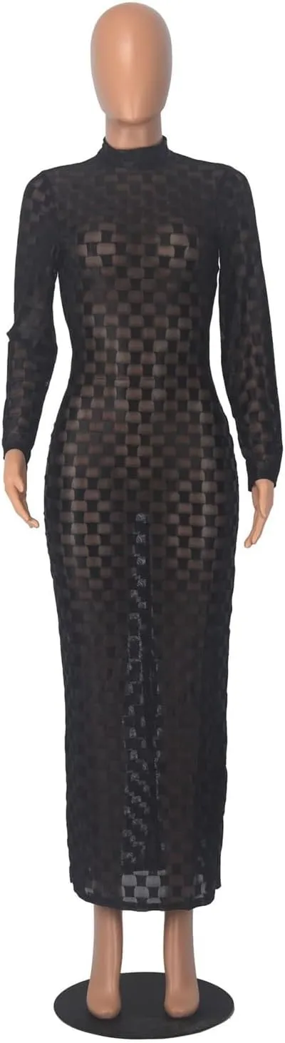 Womens Sexy Long Sleeve Turtleneck Plaid Printed Mesh Satin Bodycon Party Clubwear Dress