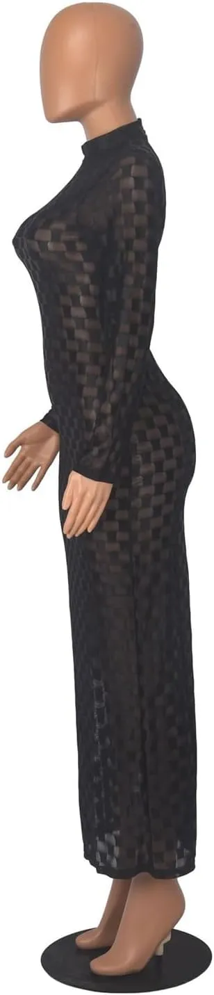 Womens Sexy Long Sleeve Turtleneck Plaid Printed Mesh Satin Bodycon Party Clubwear Dress