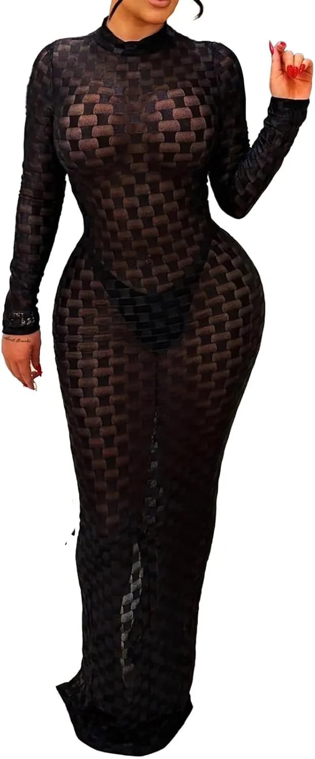 Womens Sexy Long Sleeve Turtleneck Plaid Printed Mesh Satin Bodycon Party Clubwear Dress