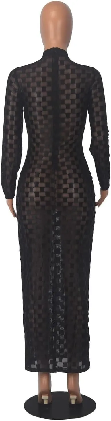 Womens Sexy Long Sleeve Turtleneck Plaid Printed Mesh Satin Bodycon Party Clubwear Dress