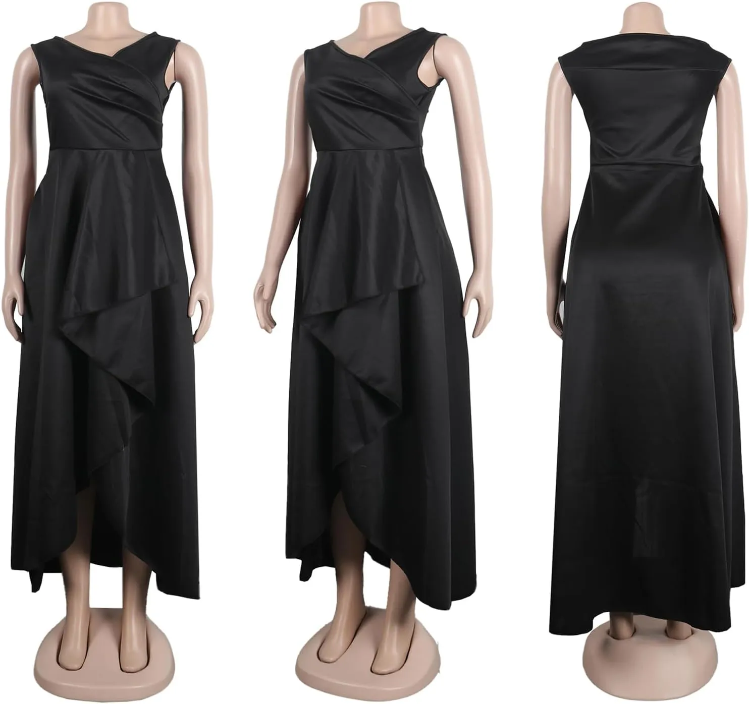 Womens Sexy Sleeveless Deep V Neck Solid Bodycon Ruffles Party Clubwear Prom Dress