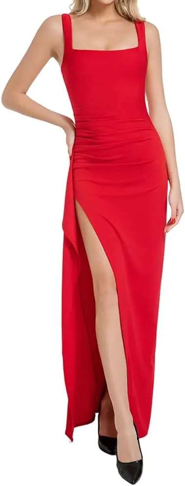 Women's Sexy Spaghetti Strap Ruched Dress High Split Long Evening Bodycon Square Neck Elegant Style Formal Dresses