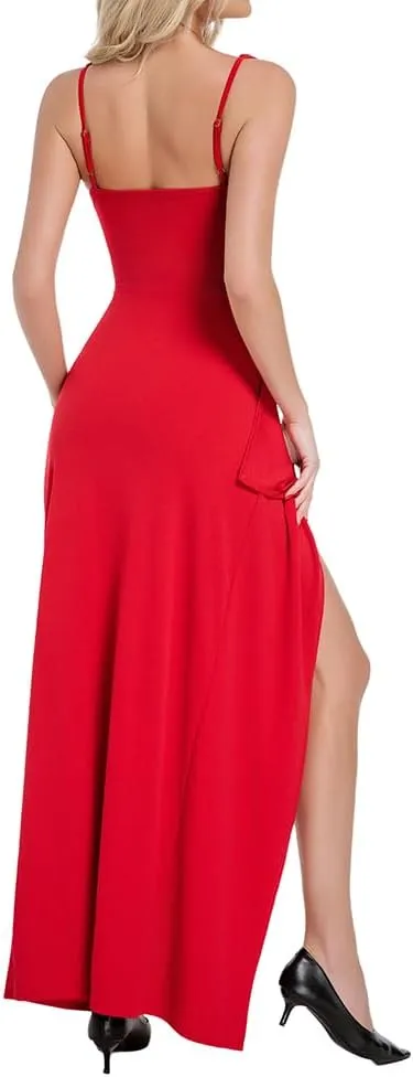 Women's Sexy Spaghetti Strap Ruched Dress High Split Long Evening Bodycon Square Neck Elegant Style Formal Dresses
