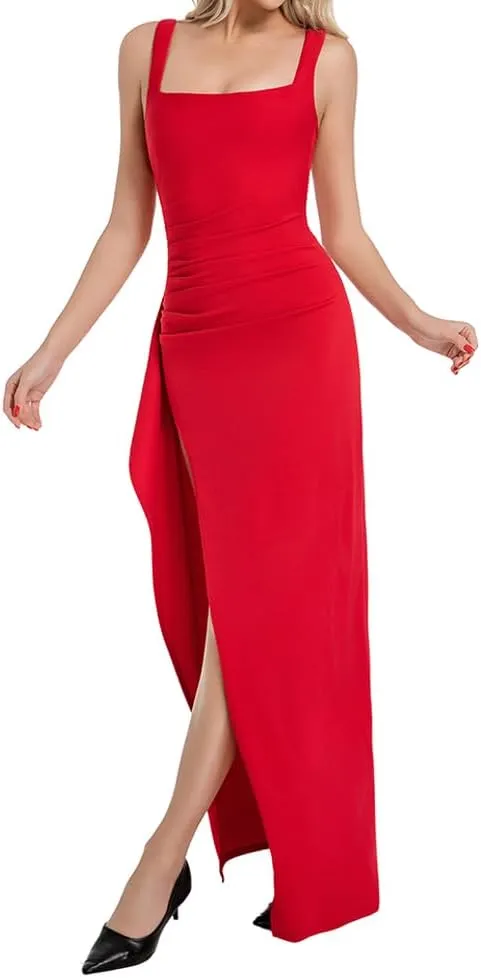 Women's Sexy Spaghetti Strap Ruched Dress High Split Long Evening Bodycon Square Neck Elegant Style Formal Dresses