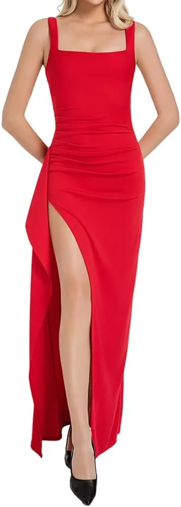 Women's Sexy Spaghetti Strap Ruched Dress High Split Long Evening Bodycon Square Neck Elegant Style Formal Dresses