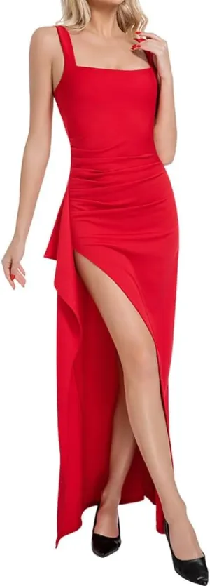 Women's Sexy Spaghetti Strap Ruched Dress High Split Long Evening Bodycon Square Neck Elegant Style Formal Dresses