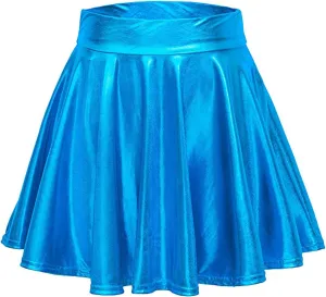 Women's Shiny Flared Pleated Mini Skater Skirt High Waist Dancing Skirt Pleated Skirt Cute