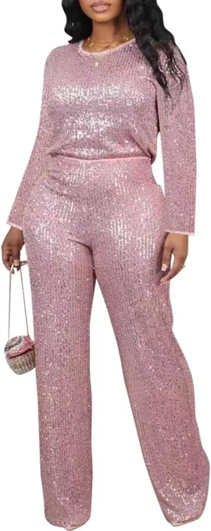 Women's Sparkly Sequin Set Straight Leg Baggy Trouser Party Outfits Clubwear Suits