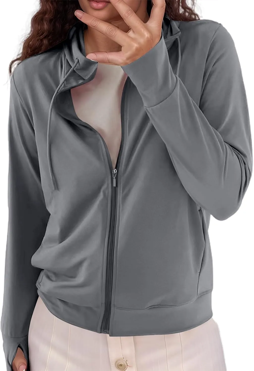 Women's Summer Mesh Zip Up Hoodie Long Sleeve Sunscreen Jacket Cute Vintage Trendy Sport Coat Protective Wear Grey