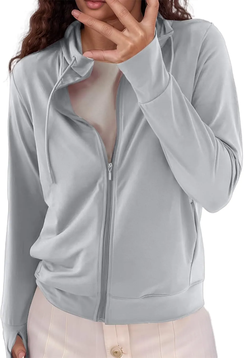 Women's Summer Mesh Zip Up Hoodie Long Sleeve Sunscreen Jacket Cute Vintage Trendy Sport Coat Protective Wear Light Gray