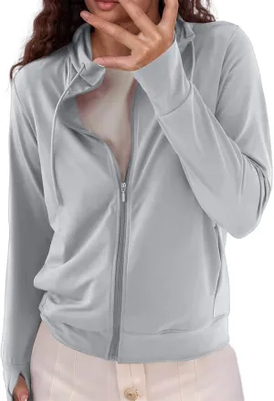 Women's Summer Mesh Zip Up Hoodie Long Sleeve Sunscreen Jacket Cute Vintage Trendy Sport Coat Protective Wear Light Gray