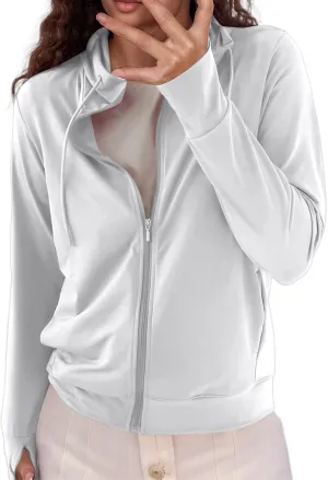 Women's Summer Mesh Zip Up Hoodie Long Sleeve Sunscreen Jacket Cute Vintage Trendy Sport Coat Protective Wear White