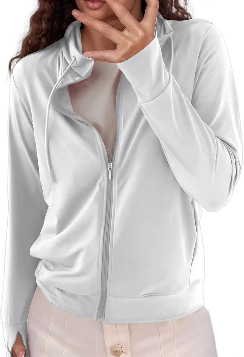 Women's Summer Mesh Zip Up Hoodie Long Sleeve Sunscreen Jacket Cute Vintage Trendy Sport Coat Protective Wear White