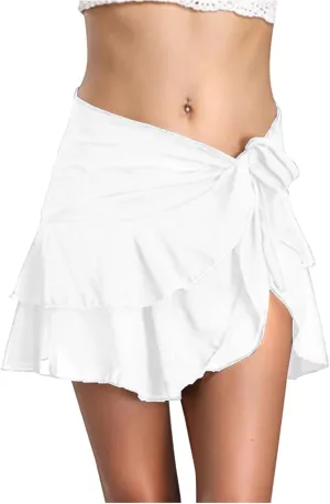 Womens Tie Side Mini Skirt Ruffle Sarongs Beach Wrap Swimdress Bikini Cover Up Skirt Summer Casual Sheer Mesh Skirt