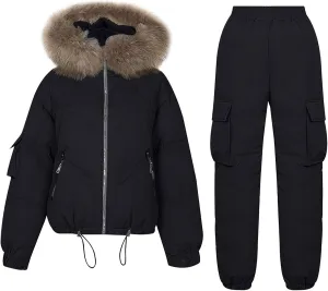 XUNRYAN Two Piece Ski Outfits Women Winter Outdoor Sports Suits Faux-Fur Collar Hood Coat Puffer Down Jackets w Ski Pants