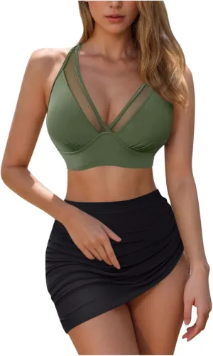 yardsong Bikini Sets for Women Two Piece High Waisted Bathing Suits Mesh Patchwork Adjustable Straps Skirted Swimsuits