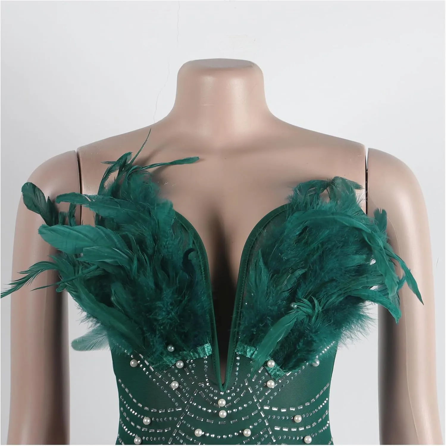 Yuopeid Women's Deep V Neck Mini Bodycon Dresses Sleeveless Rhinestone Feather Sexy Mesh Birthday Party Strapless Dress