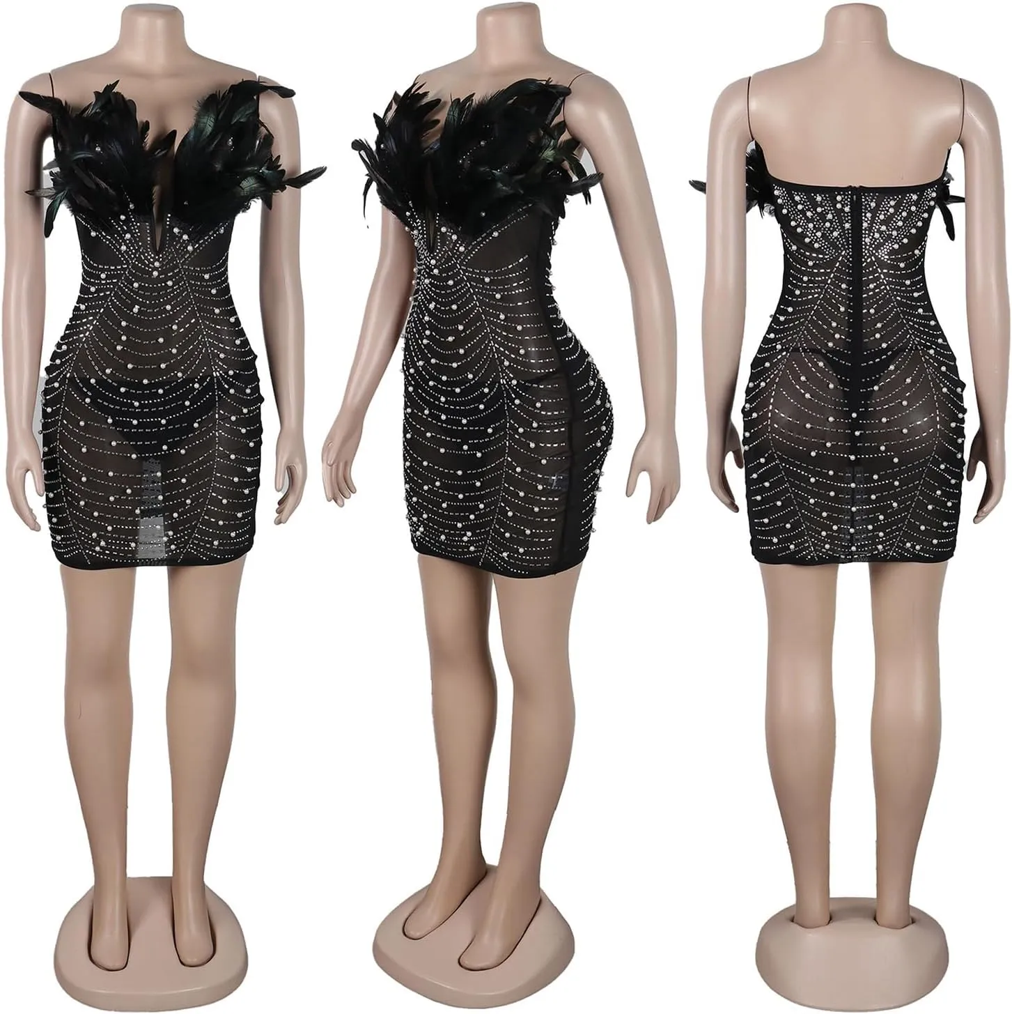 Yuopeid Women's Deep V Neck Mini Bodycon Dresses Sleeveless Rhinestone Feather Sexy Mesh Birthday Party Strapless Dress
