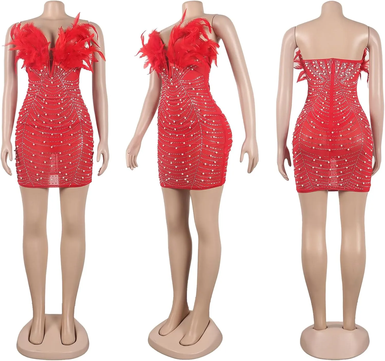 Yuopeid Women's Deep V Neck Mini Bodycon Dresses Sleeveless Rhinestone Feather Sexy Mesh Birthday Party Strapless Dress