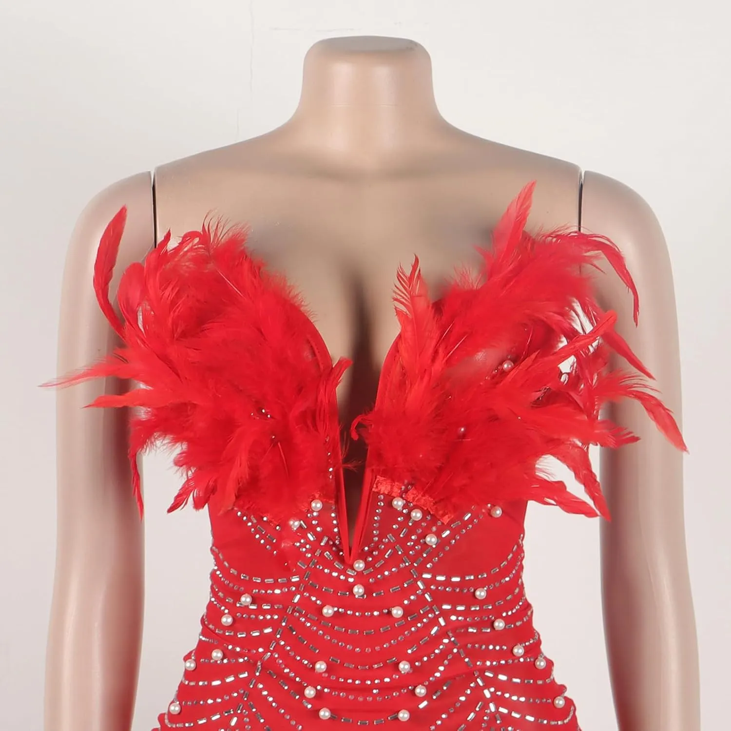Yuopeid Women's Deep V Neck Mini Bodycon Dresses Sleeveless Rhinestone Feather Sexy Mesh Birthday Party Strapless Dress