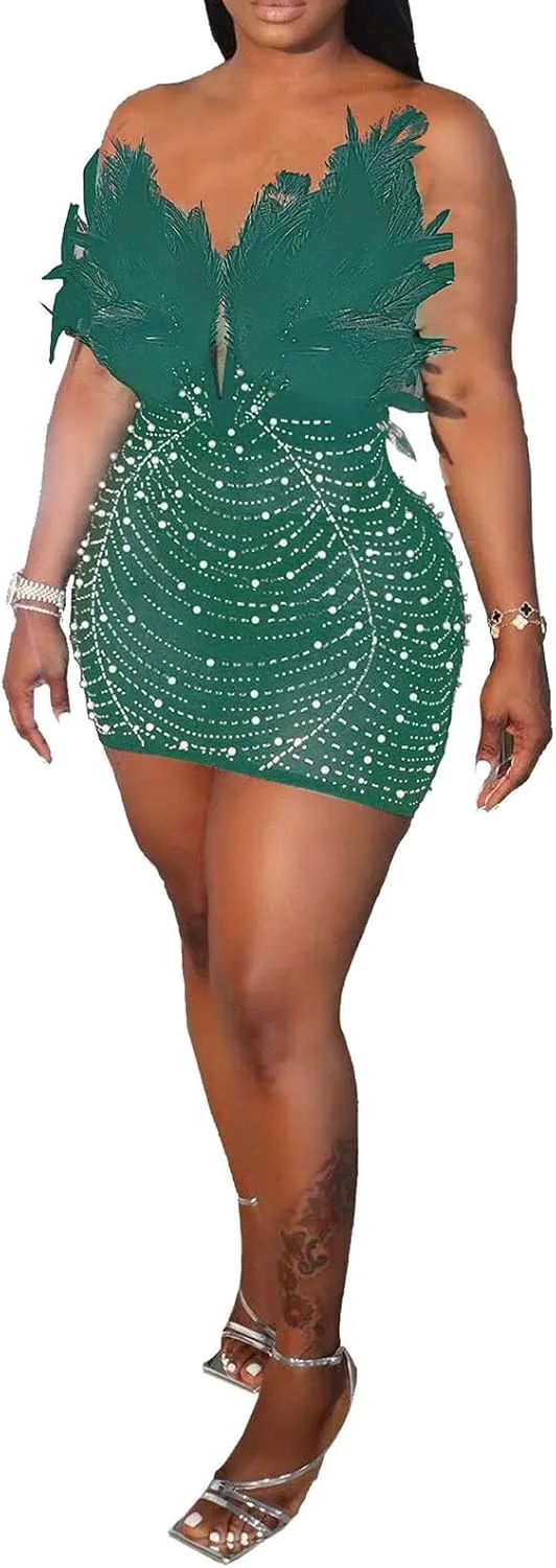 Yuopeid Women's Deep V Neck Mini Bodycon Dresses Sleeveless Rhinestone Feather Sexy Mesh Birthday Party Strapless Dress