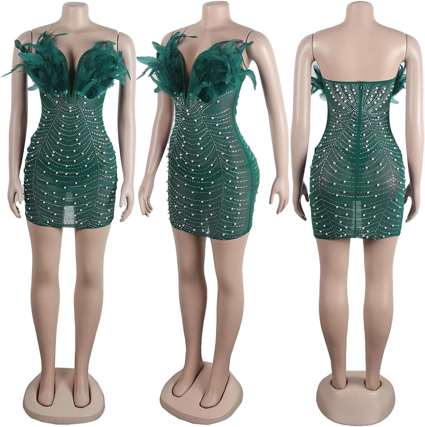 Yuopeid Women's Deep V Neck Mini Bodycon Dresses Sleeveless Rhinestone Feather Sexy Mesh Birthday Party Strapless Dress