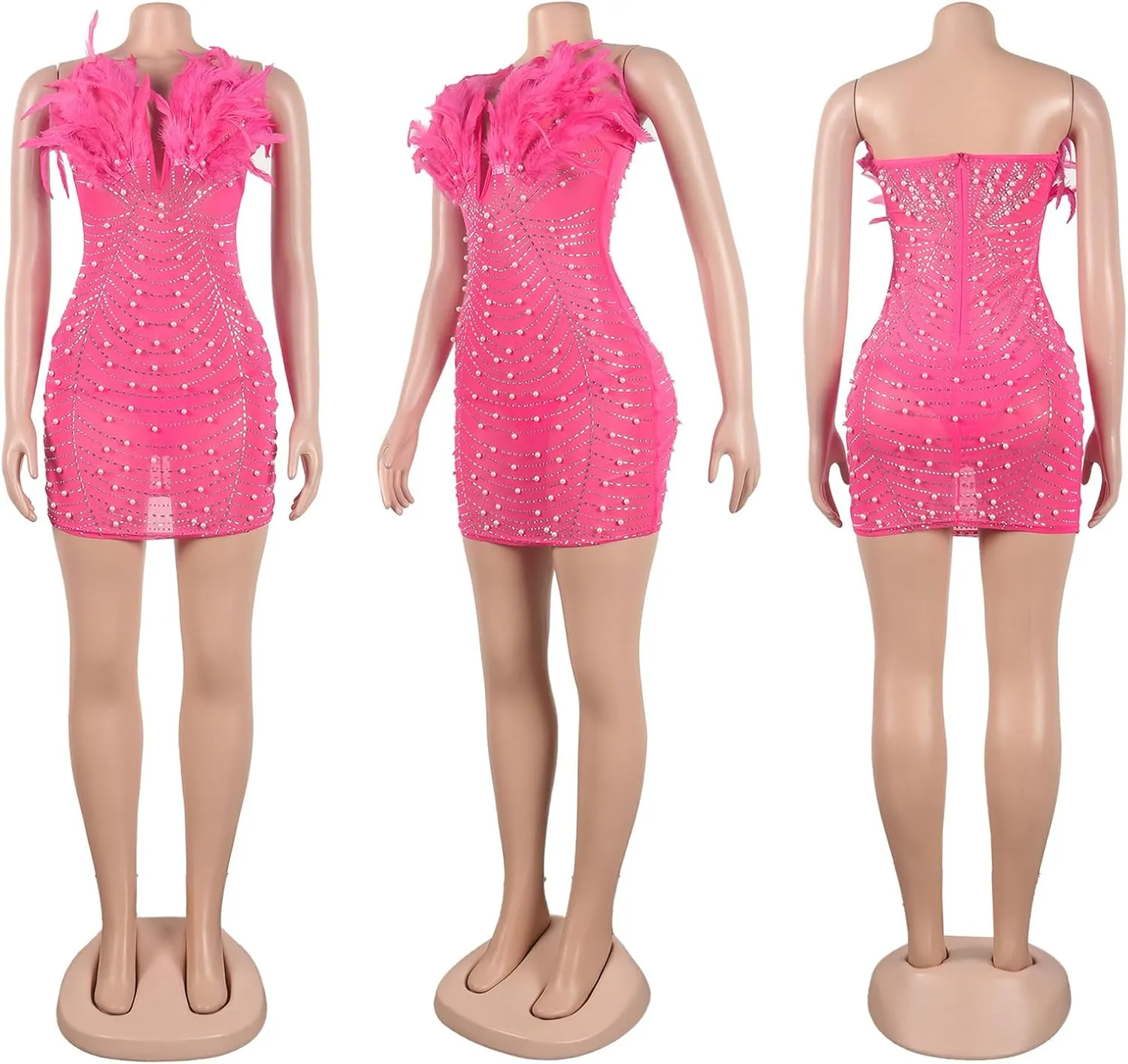 Yuopeid Women's Deep V Neck Mini Bodycon Dresses Sleeveless Rhinestone Feather Sexy Mesh Birthday Party Strapless Dress