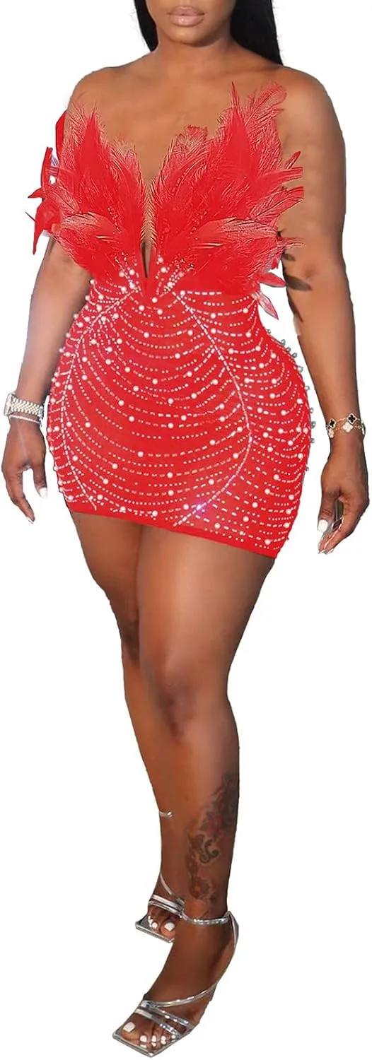 Yuopeid Women's Deep V Neck Mini Bodycon Dresses Sleeveless Rhinestone Feather Sexy Mesh Birthday Party Strapless Dress