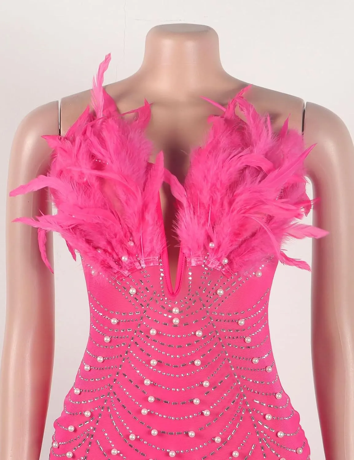 Yuopeid Women's Deep V Neck Mini Bodycon Dresses Sleeveless Rhinestone Feather Sexy Mesh Birthday Party Strapless Dress