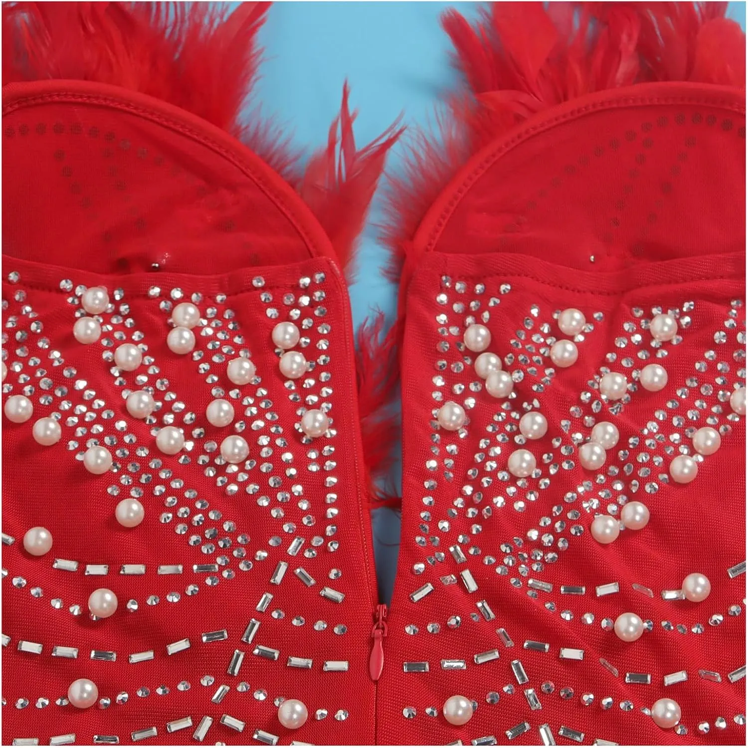 Yuopeid Women's Deep V Neck Mini Bodycon Dresses Sleeveless Rhinestone Feather Sexy Mesh Birthday Party Strapless Dress