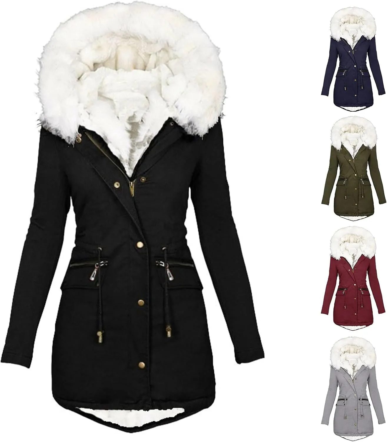 ZWRXW Winter Coats for Women Sherpa Fleece Lined Parkas Jackets Windproof Thickened Warm Overcoat Outerwear with Fur Hood