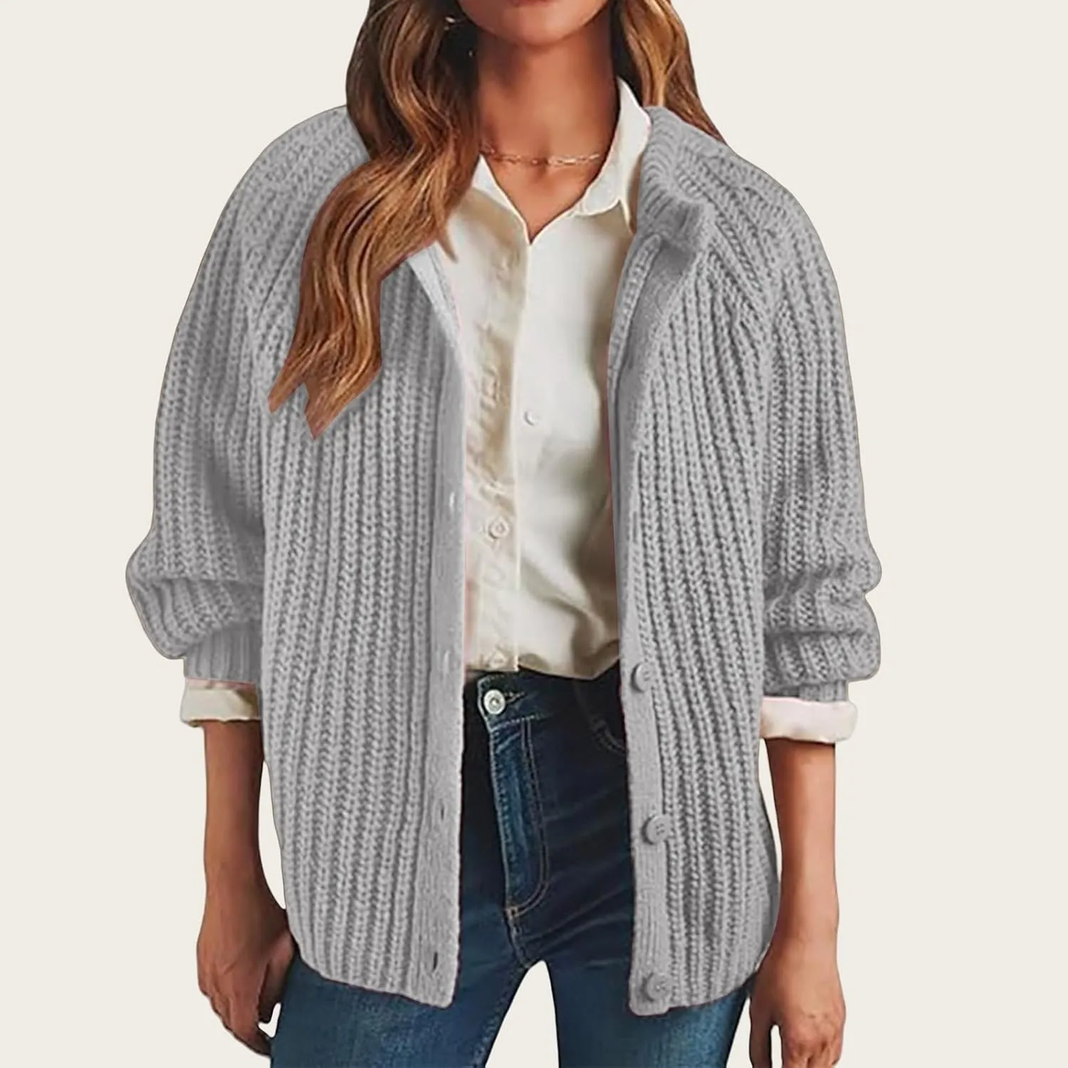 ZWRXW Women's Open Front Sweater Casual Long Sleeve Solid Sweater Coats Button Down Chunky Knitted Cardigan Outerwear Coat