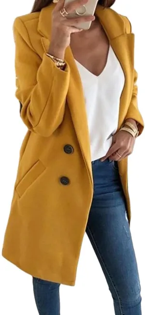 ZWRXW Womens Wool Blend Coats Double Breasted Business Casual Trench Coats Solid Color Midi Peacoat Outerwear with Pockets