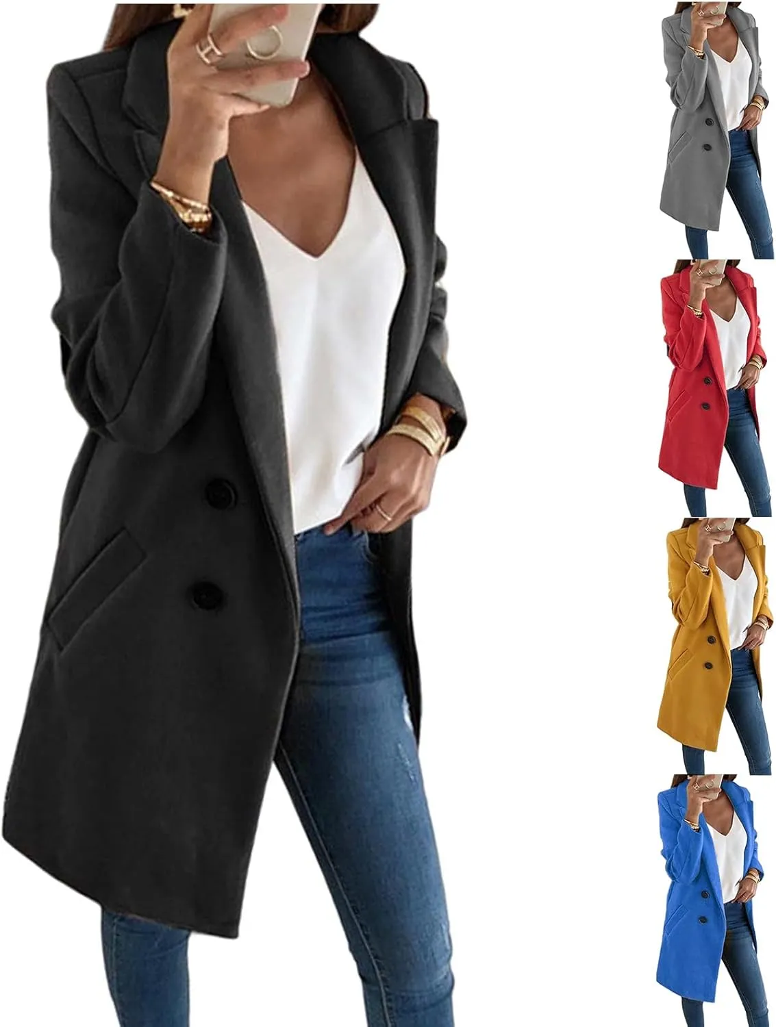 ZWRXW Womens Wool Blend Coats Double Breasted Business Casual Trench Coats Solid Color Midi Peacoat Outerwear with Pockets